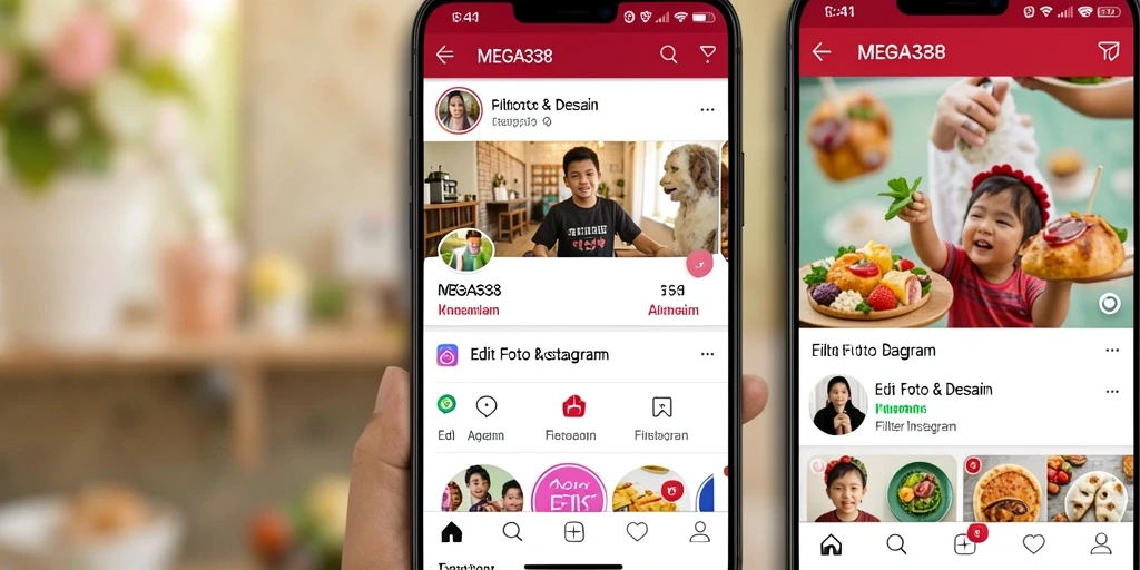 Tampilan antarmuka MEGA338 dengan berbagai filter Instagram yang menarik.