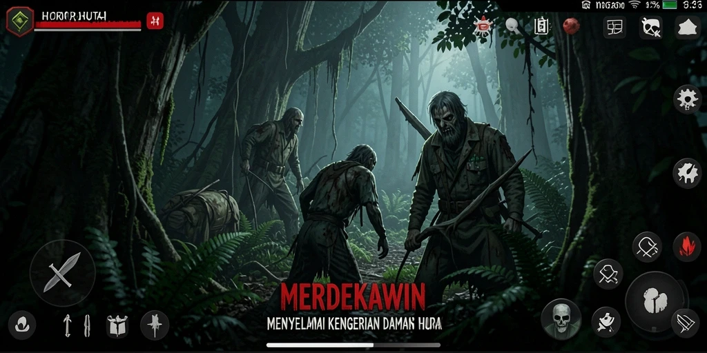 Tampilan antarmuka MERDEKAWIN dengan tema Horor Hutan yang menegangkan.