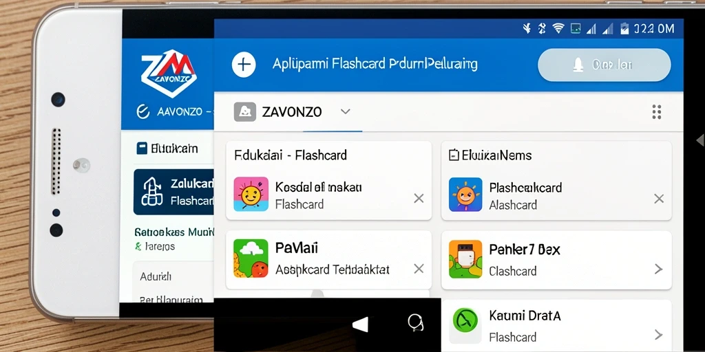 Antarmuka aplikasi ZAVONZO dengan fungsi Flashcard yang interaktif.